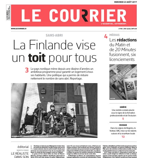 En une du <a href="/lecourrier/">Le Courrier</a> aujourd'hui le reportage en Finlande sur la politique "un logement d'abord" de nos plumées @HlneMolinari et <a href="/MalixDtr/">Malix Détrie</a>