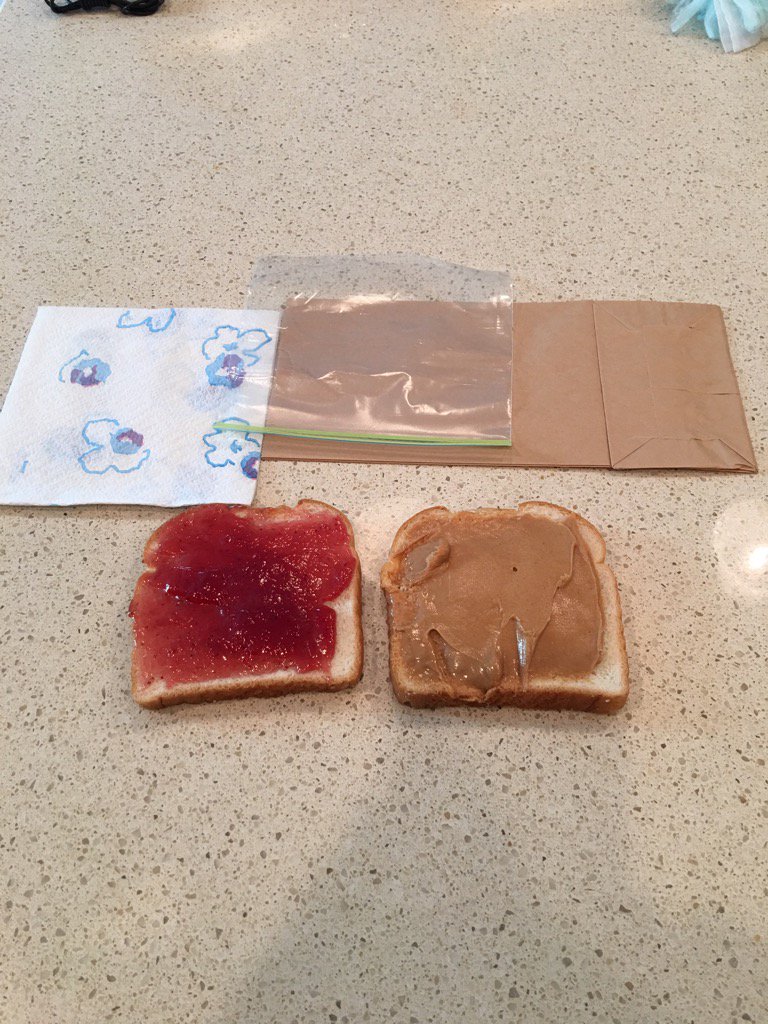 pwcpastor's tweet photo. A peanut butter and jelly sandwich for Beau's first day back to school today. Go get'em college boy!😂 https://t.co/tWMBDQ6wBB