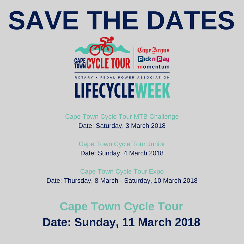 CTCycleTour's tweet photo. Save the dates! #LifeCycleWeek #CycleTour2018 https://t.co/bVVy2eRMnc