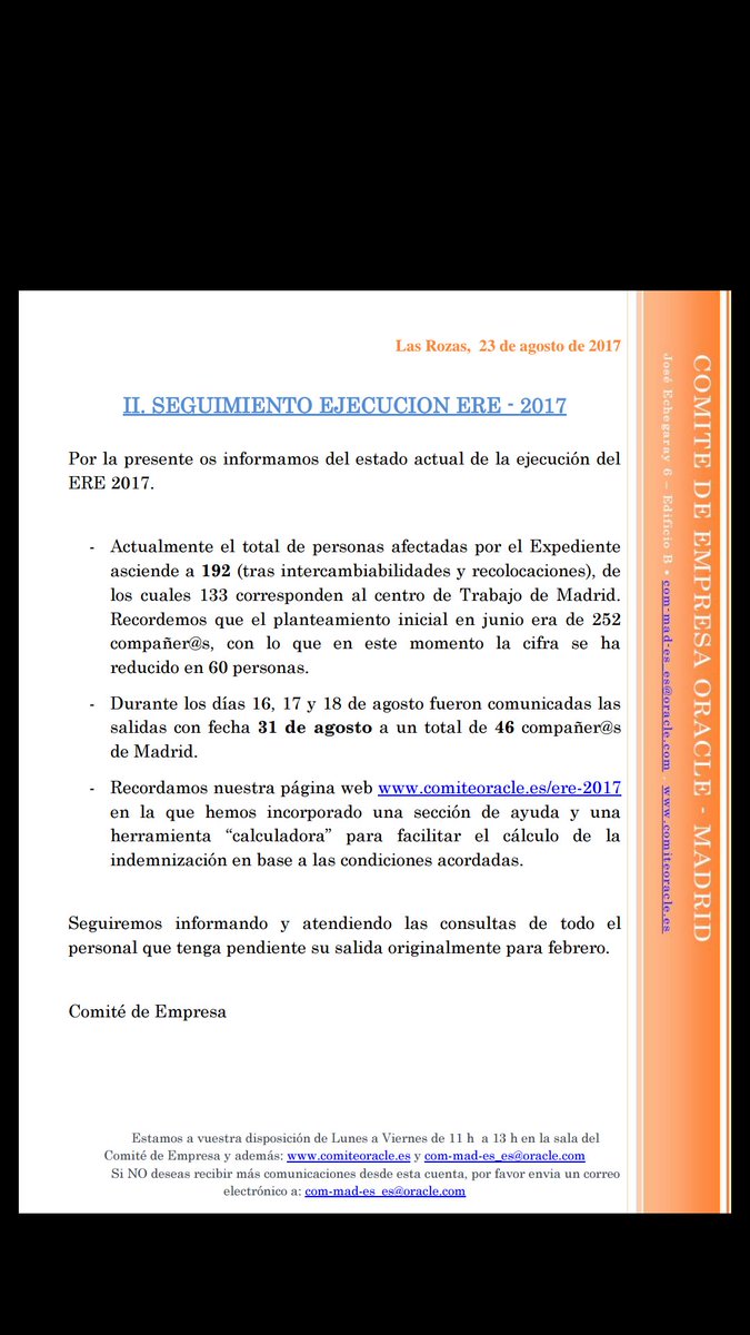 ComiteOracle's tweet image. Finalizadas las comunicaciones de la primera tanda de los despidos del #OracleERE2017.En febrero,el Soporte Remoto...😓 Os echaremos de menos