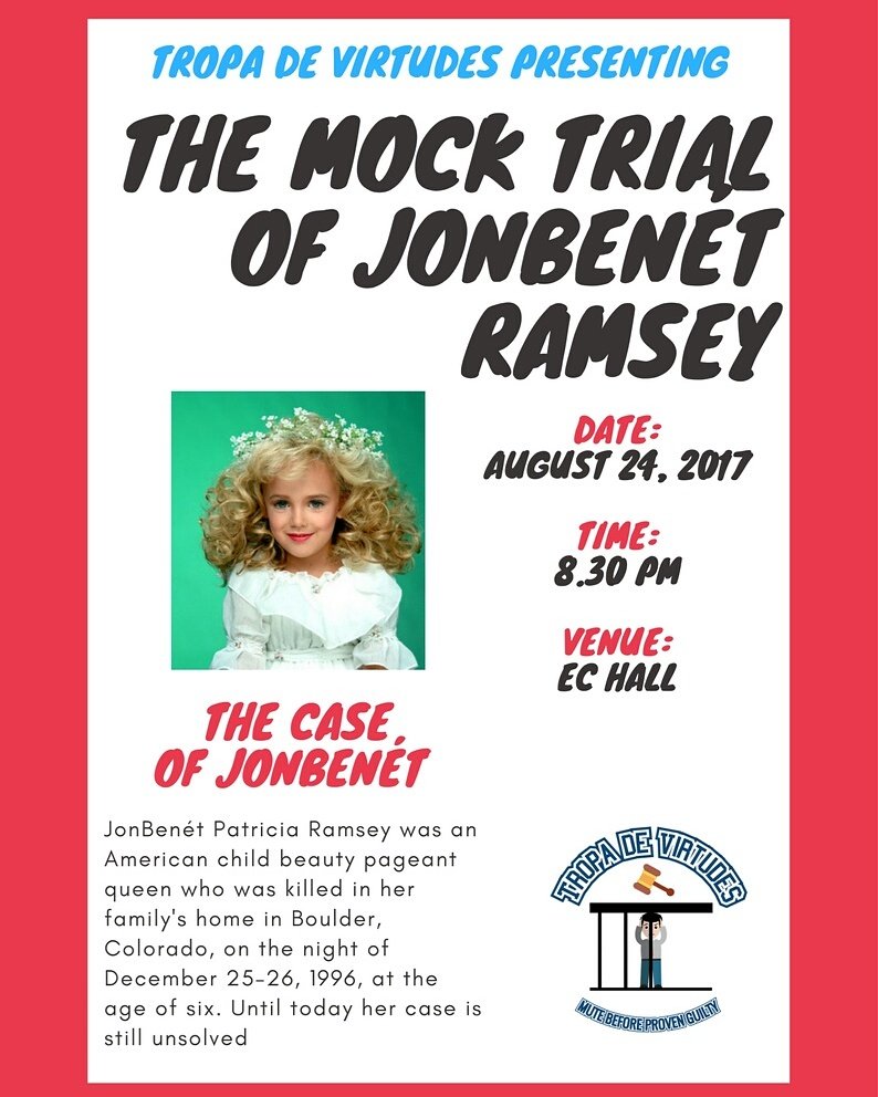 tropadevirtudes's tweet photo. We present to you...

MOCK TRIAL: THE CASE OF JONBENET RAMSEY 👯🔎

Do you want to know the murderer? SEE YOU IN THE COURT! https://t.co/5ucVgD5auX