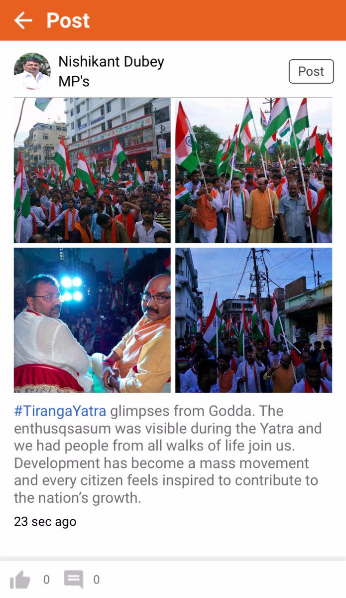 MP Nishikant Dubey posts about the #TirangyaYatra in Godda, Jharkhand and expresses delight on the strong support among people.
