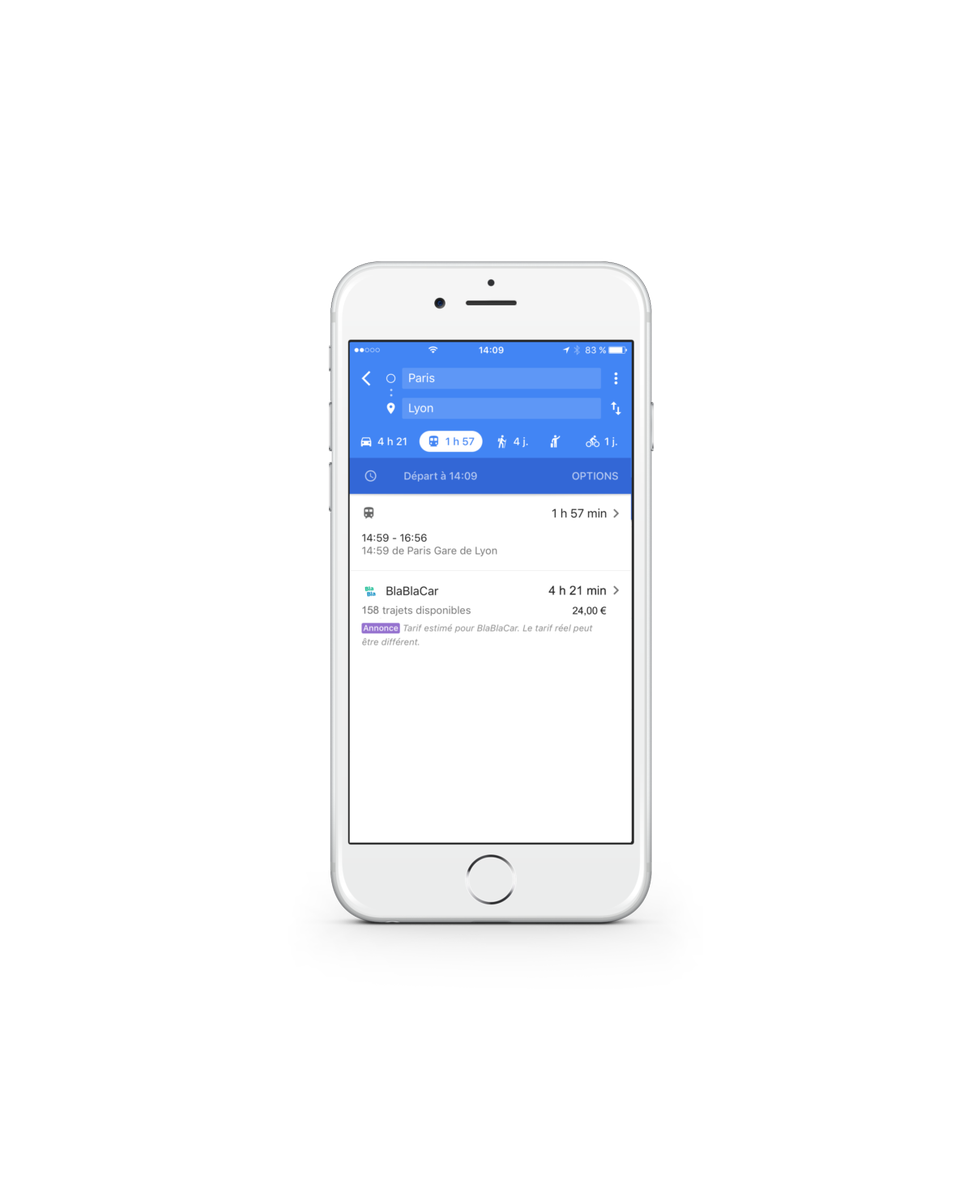 BlaBlaCar_FR's tweet photo. Les trajets en #covoiturage de BlaBlaCar désormais affichés dans l'application @googlemaps ! Une bonne nouvelle pour tous les voyageurs 📍🛣️🚗 https://t.co/TIV0C8dJol