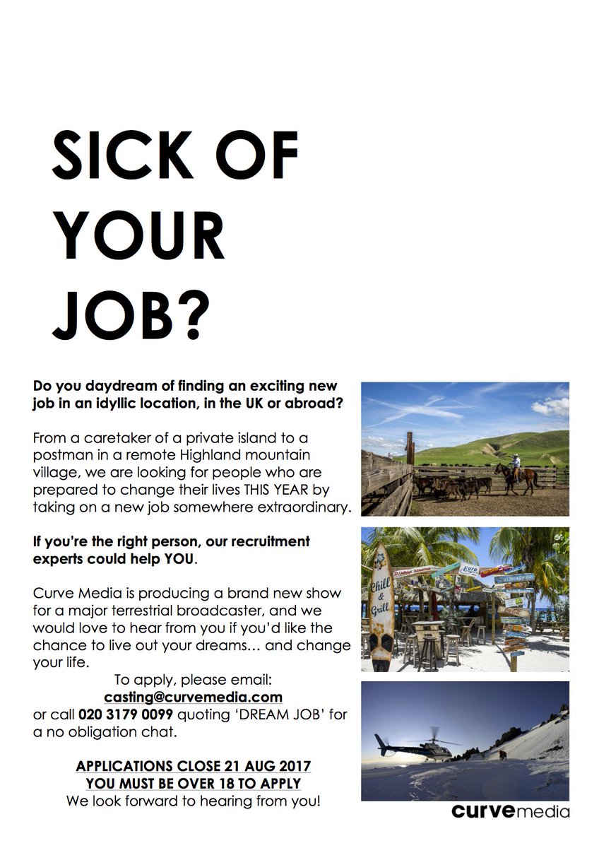 **OUR APPLICATION DEADLINE HAS BEEN EXTENDED** APPLY NOW if you'd like a more adventurous job in an amazing location! casting@curvemedia.com