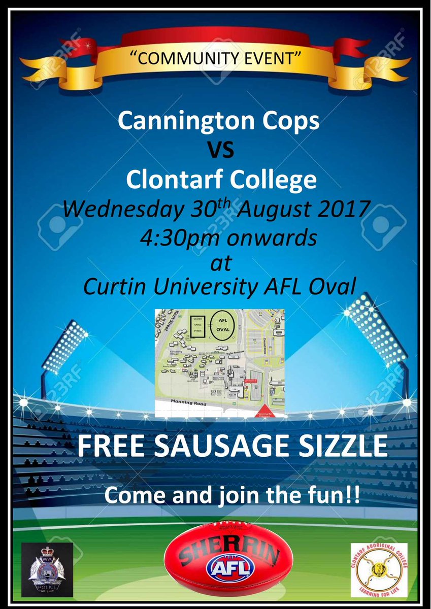 WAFCAboriginal's tweet photo. Community Event 

Cannington WA Police v Clontarf College, Wesdesday 30th August
4:30pm.at @curtinuniversity AFL Oval.
Free sausage sizzle! https://t.co/tB0f7eXoLi