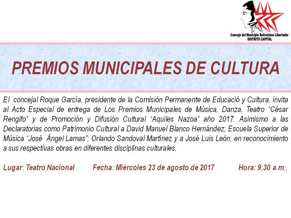 comisionp_edr's tweet photo. Hoy 9:00 a.m. en Teatro Nacional  Av. Lecuna con esquina Cipreses Acto Especial Premios Municipales de Cultura @concejomcaracas https://t.co/A6kDUkHmRl