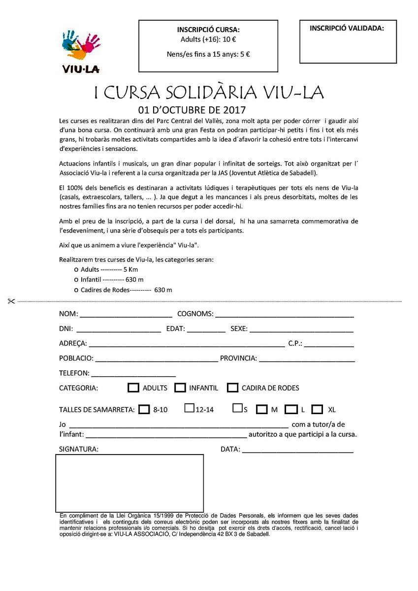 ViulaAssociacio's tweet photo. I Cursa Solidaria 1 de Octubre 17
Colaborador:Ribera
Inscripción online:
https://t.co/4hjqw6Rcbm …/evento/cursa-solidaria-viu-la https://t.co/rB97dJBOEZ