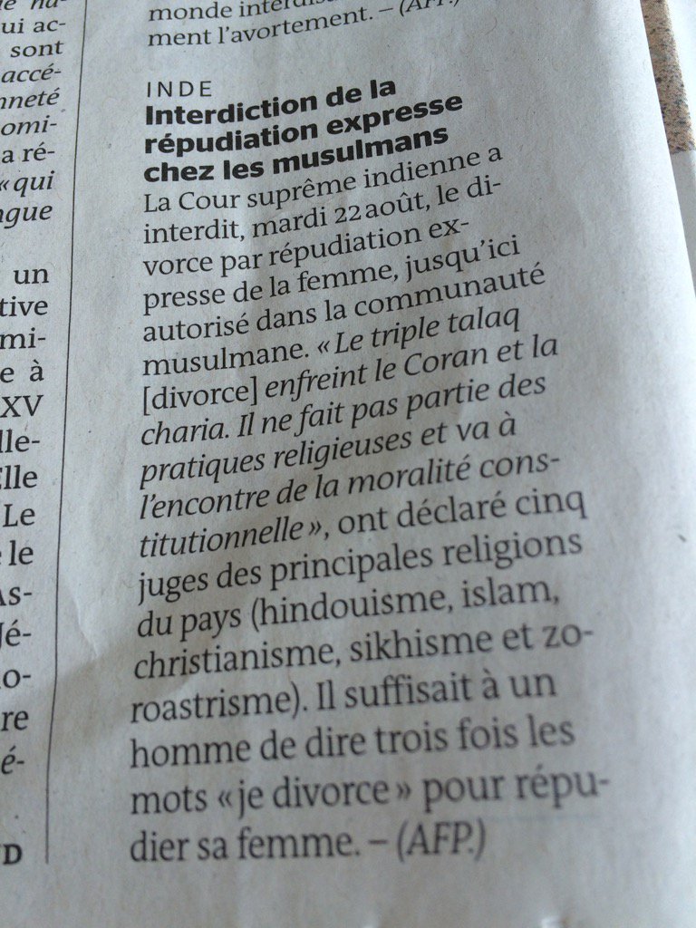 CloBerlenc_Ivan's tweet image. Pourquoi pas en gros titre? #Inde #Divorce #Répudiation