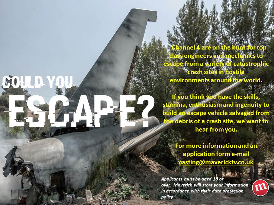 Escape_Casting's tweet photo. Looking for mechanics &amp; engineers for Channel 4's Escape. Film Aug 31-Sept 9! Get in touch: casting@mavericktv.co.uk PLS RT @DrLucyRogers https://t.co/d4uZ1YV5x1
