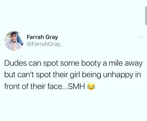 Synikal1's tweet image. Why did I laugh too hard at this? @FarrahGray_ it&apos;s not that guys can&apos;t spot it, they most likely don&apos;t care. #selectiveperception