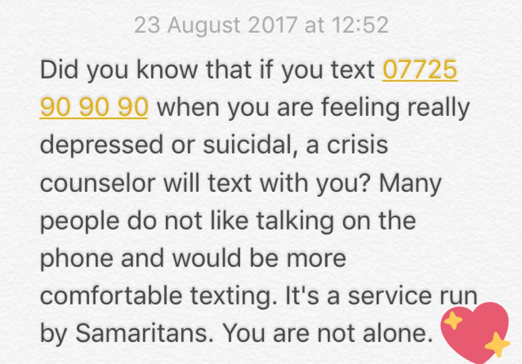 ThatLondonLady's tweet image. Please share! ❤️ #Textline #Helpline #Samaritans #UK #Depression #Crisis #Suicidal #Anxiety #Counselor #Text #SMS #Discreet #Help