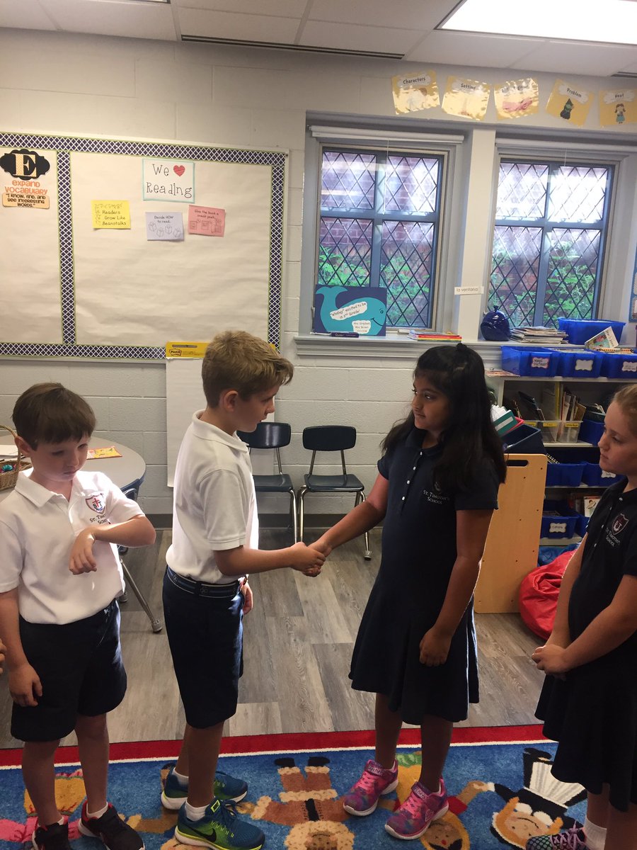 MrsGraybealSTS's tweet photo. Learning the value of a firm handshake and eye contact during morning meeting this am! @StTimsRaleigh https://t.co/WTdKsVuehd