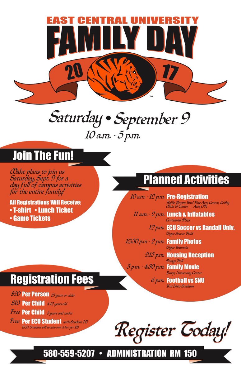 ECU students be sure to register yourself for Family Day by Friday if you want a tshirt! Forms available in Admin 150!