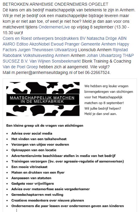 Betrokken Arnhemse ondernemer? Meld je dan nu aan voor Maatschappelijk matchen in de Melkfabriek 8/9 <a href="/LIVEOndernemer/">OndernemerLIVE</a> ow.ly/FPRN30eCvly