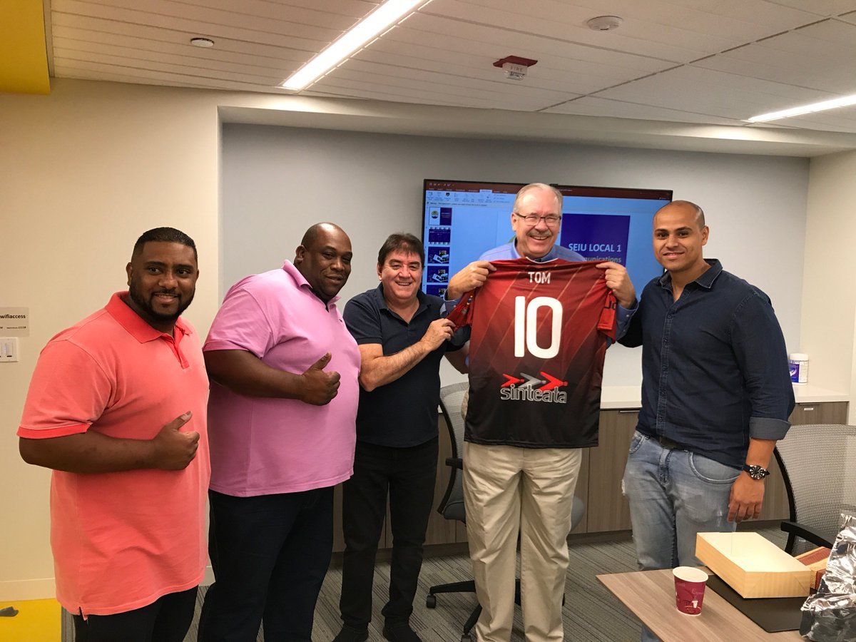 Today, members of the Brazilian union delegation presented Tom, Local 1 President, a jersey from their locals, <a href="/ConasconBrasil/">Conascon Brasil</a> &amp; Sinteata!