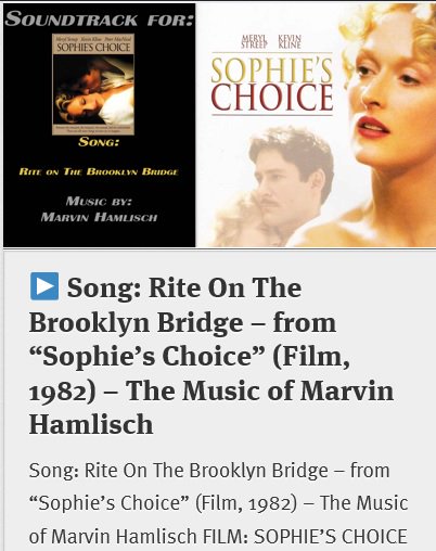 Song: Rite On The Brooklyn Bridge – from “Sophie’s Choice” (Film, 1982) – The Music of Marvin Hamlisch   marvinhamlisch.us/?p=13161