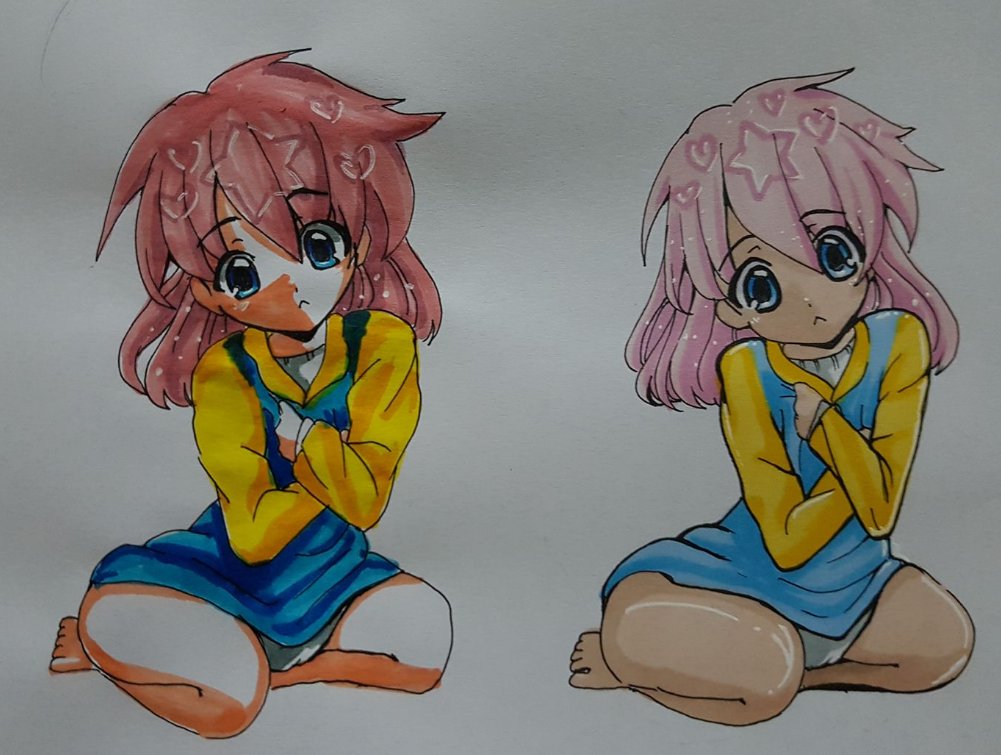 bunbunpawz's tweet image. here is a drawing 🤗 one side professional markers, the other children. [reference used] #markers #art #comparisonchallenge #cheapartsupply