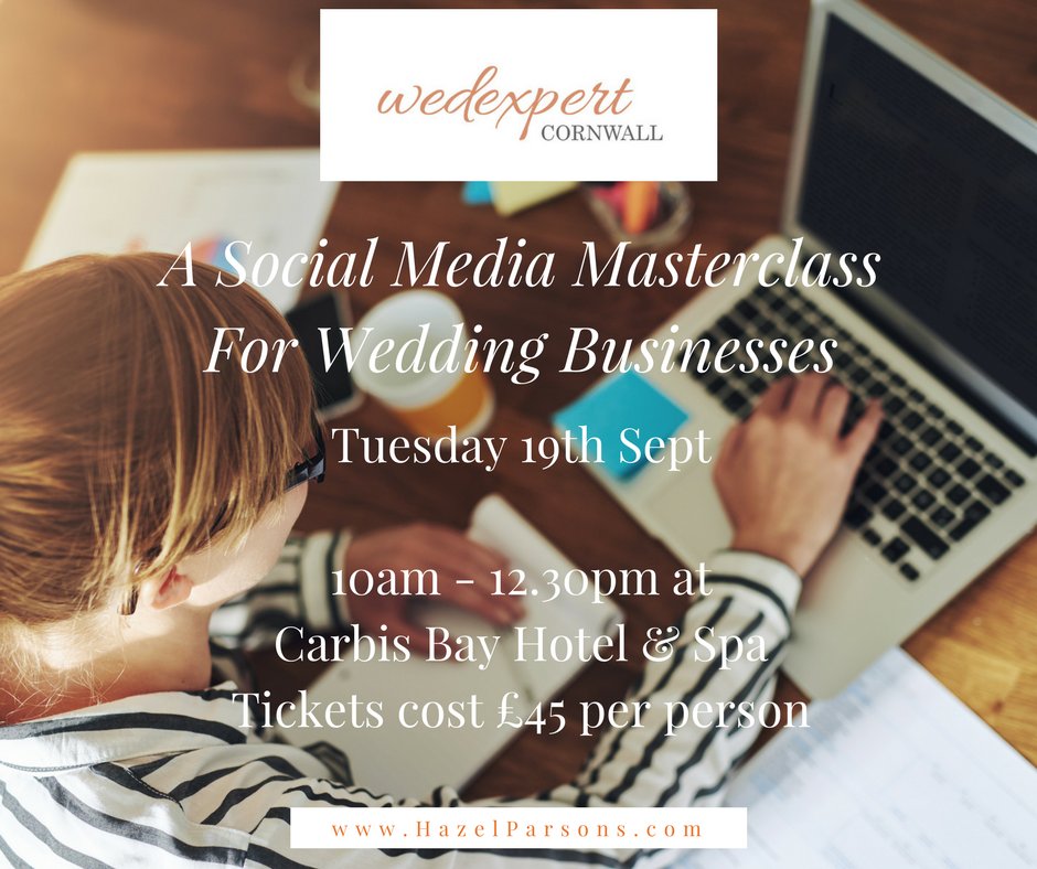 HazelAParsons's tweet photo. Our #WedExpert Social Media Masterclass takes place on 19th Sept @CarbisBay_Hotel. Find out more at https://t.co/qaeFleZ0TR #cornwallhour https://t.co/4DgYDWkcmy