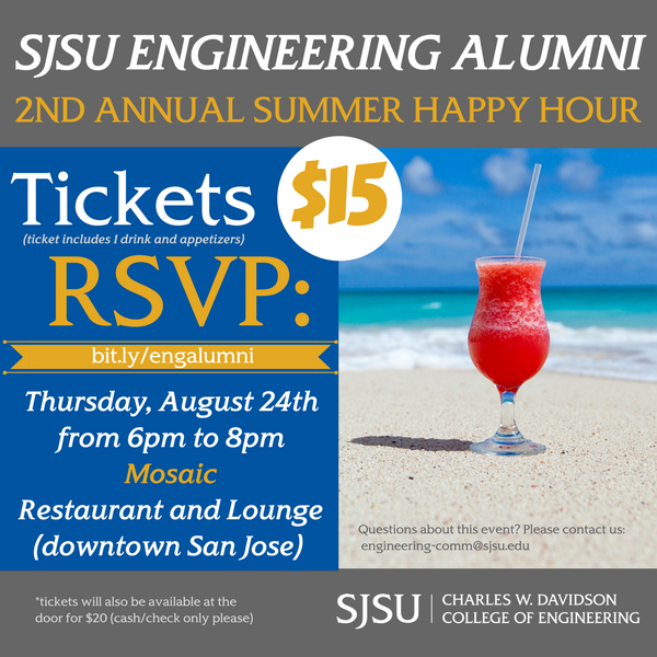 SJSUEngineering's tweet image. ATTN all #SJSUEngineering Alumni: Annual Happy Hour Tickets are still on sale! We hope to see you there!