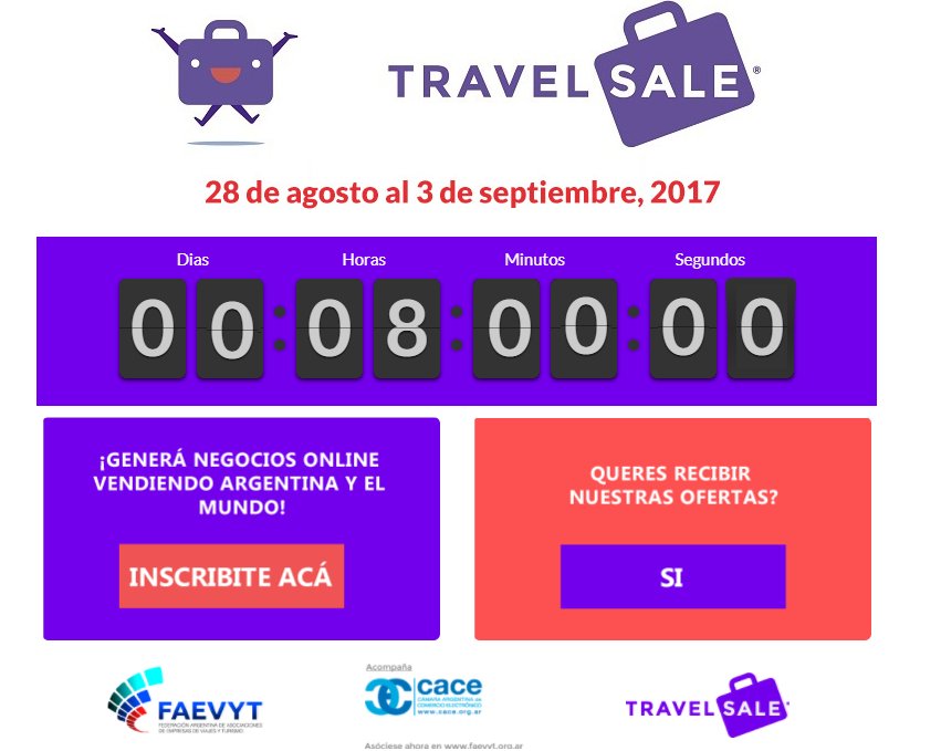 FAEVYT's tweet photo. Faltan horas para que empiece el #TravelSale. Ya decidiste a dónde vas a viajar? #8hs #CuentaRegresiva @TravelSaleAR #Turismo https://t.co/43YIyuLcFE