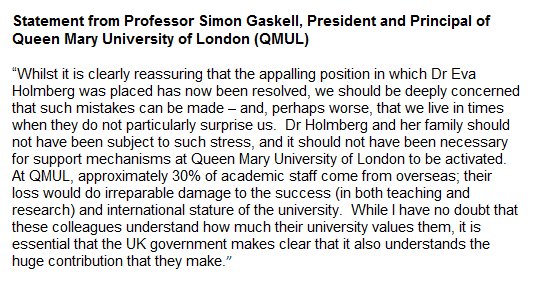 QMULnews's tweet photo. Statement from @QMUL Principal and President Simon Gaskell about Home Office error, regarding @EvaJohannaH https://t.co/B7RYJa1zir