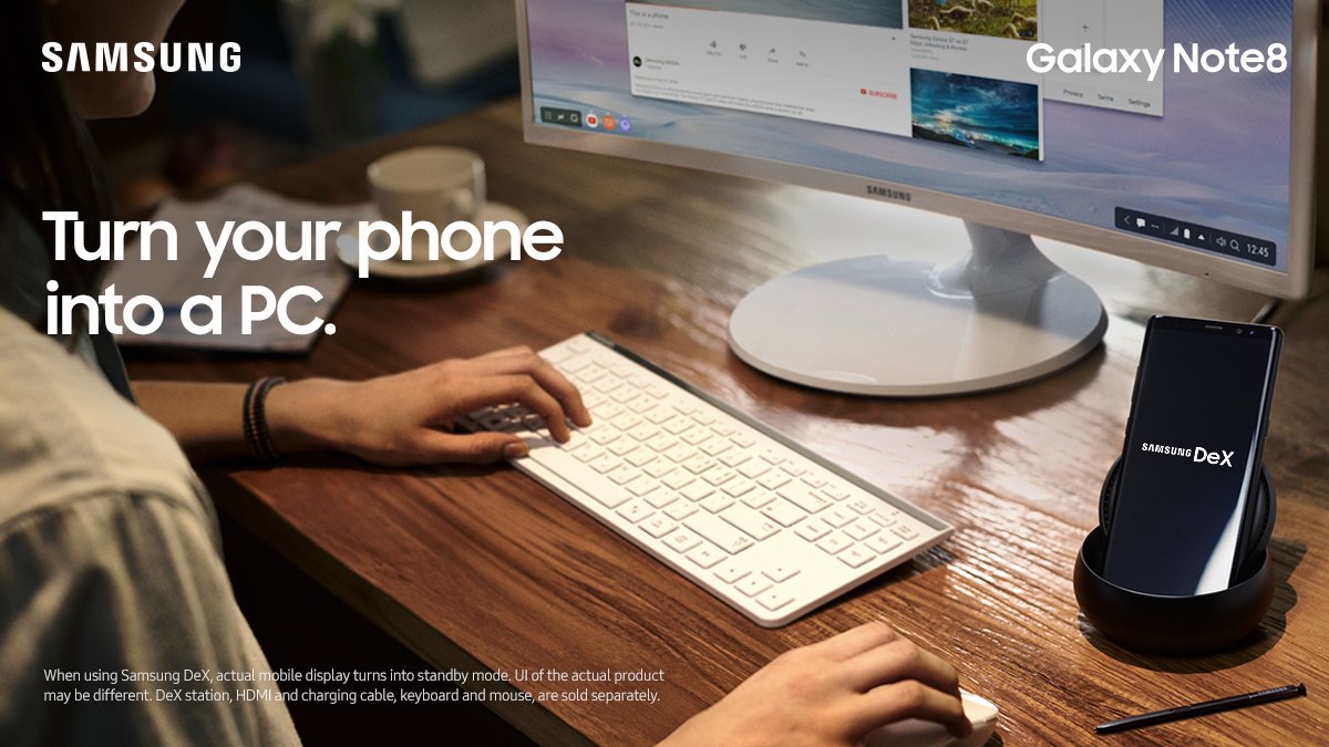 SamsungMobileUS's tweet photo. DeX lets you connect the Galaxy Note 8 to a monitor, keyboard, and trackpad. https://t.co/x24yPsbaco