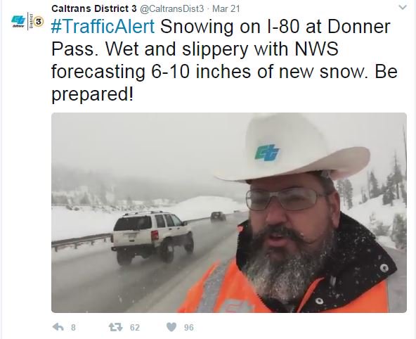 CaltransHQ's tweet photo. Thanks to "Donner Dave," Caltrans won an award at #Transcomm2017! His timely video updates & safety messages kept us informed last winter. https://t.co/soipIQdbcw