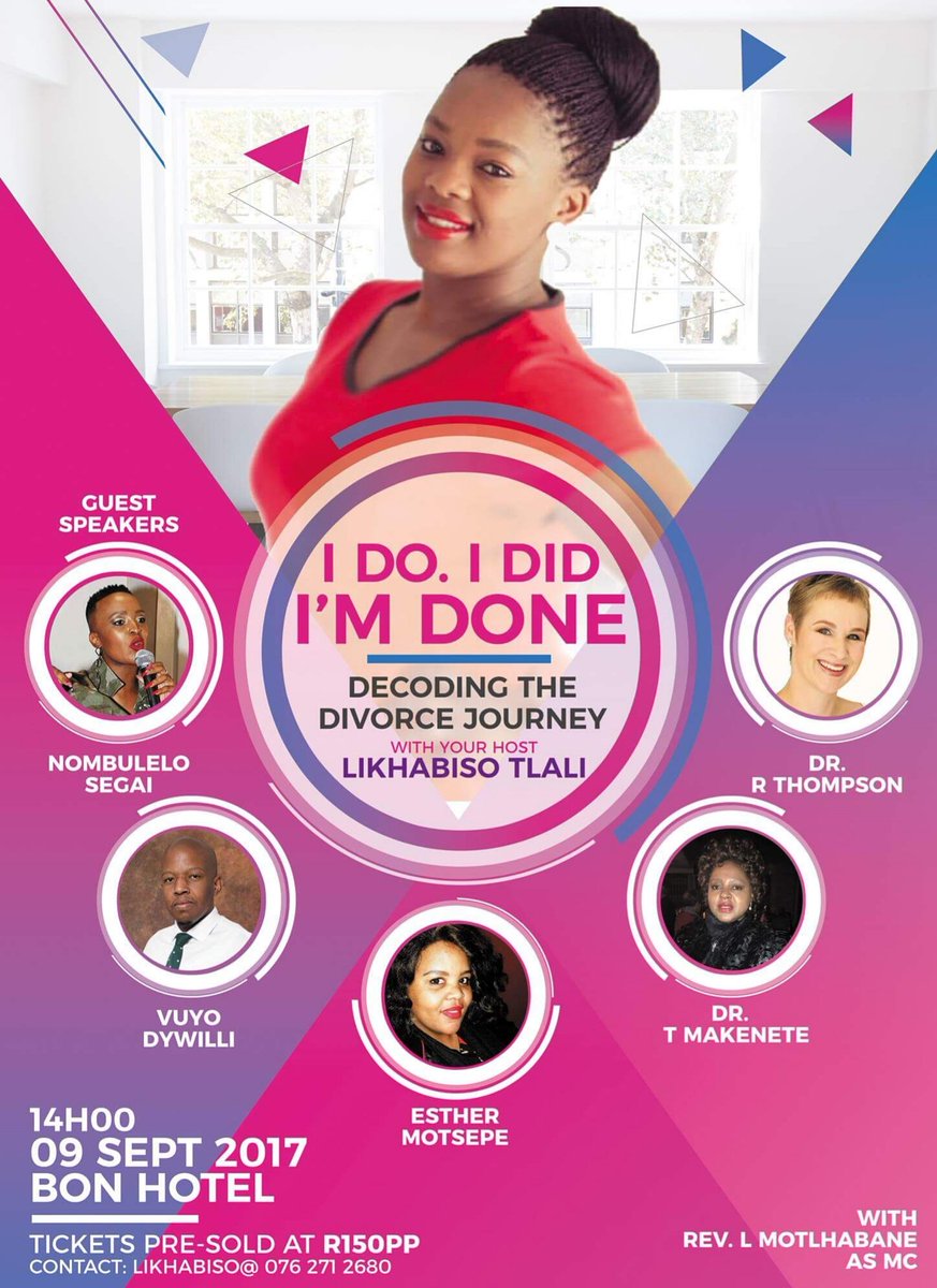 miss_tlali's tweet photo. Inviting all divorced men & women, as we #DecodeTheDivorceJourney on #9September2017 Tickets are available for only R150 pp #IDOIDIDIMDONE https://t.co/4YgPz48AII