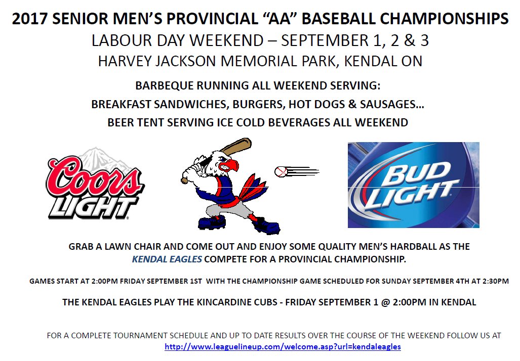 Kendal_Eagles's tweet photo. 2017 Senior Men's "AA" Provincial Championships take place in Kendal Sept 1, 2 &amp; 3.  @Kendal_Eagles vs @KincardineCubs Friday Sept 1@ 2:00pm https://t.co/79AVgGwzbn