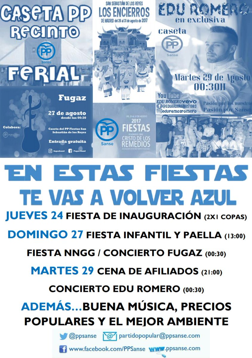 PPSanse's tweet photo. 🎉🎉Estas fiestas te esperamos en la caseta de @ppsanse en el ferial: conciertos🎤🎵precios populares💱paella🍜 fiesta afiliados👤👤infantil👪👪#Vente https://t.co/CZ44cCSELk