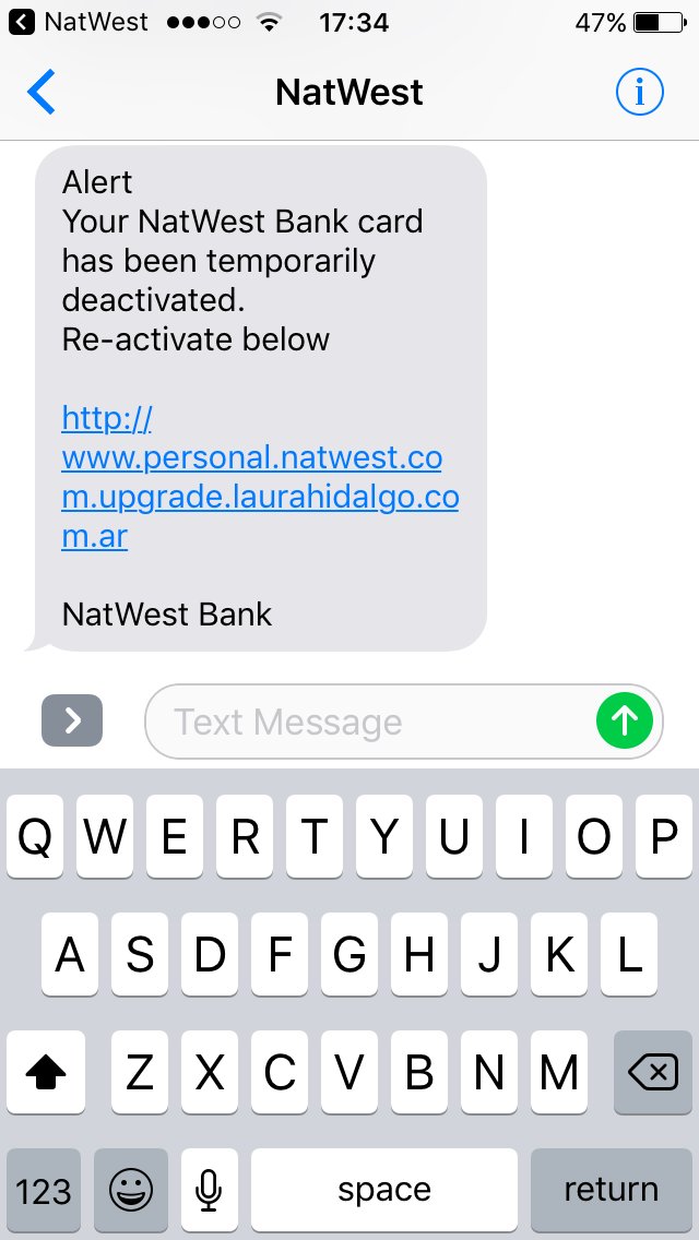 Hey <a href="/NatWest_Help/">NatWest</a>, I’m assuming this isn’t from you so you should probably warn other customers about it.