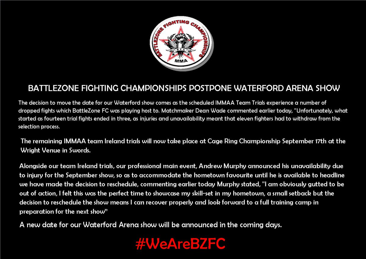 BattlezoneFC's tweet photo. The team at BattleZone Fighting Championships schedule new date for debut @ArenaWit debut show in Waterford.

#BZFCWaterford https://t.co/Nv0qHTrh4b