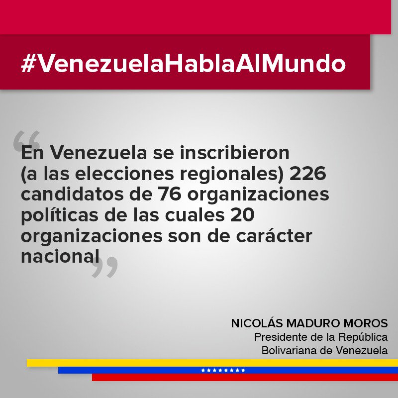 #Frases|| "En Venezuela se inscribieron 226 candidatas de 76 organizaciones políticas " <a href="/NicolasMaduro/">Nicolás Maduro</a> #VenezuelaVozDeDignidad
