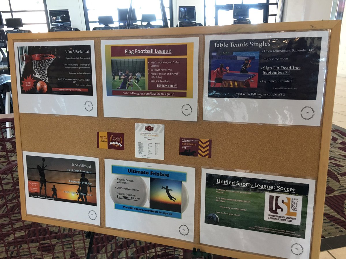 MSUTexasRec's tweet image. Make sure you check out our Rec. Sports flyers when you come in the Wellness Center! @MidwesternState #MSURec #RecSports #Wellness