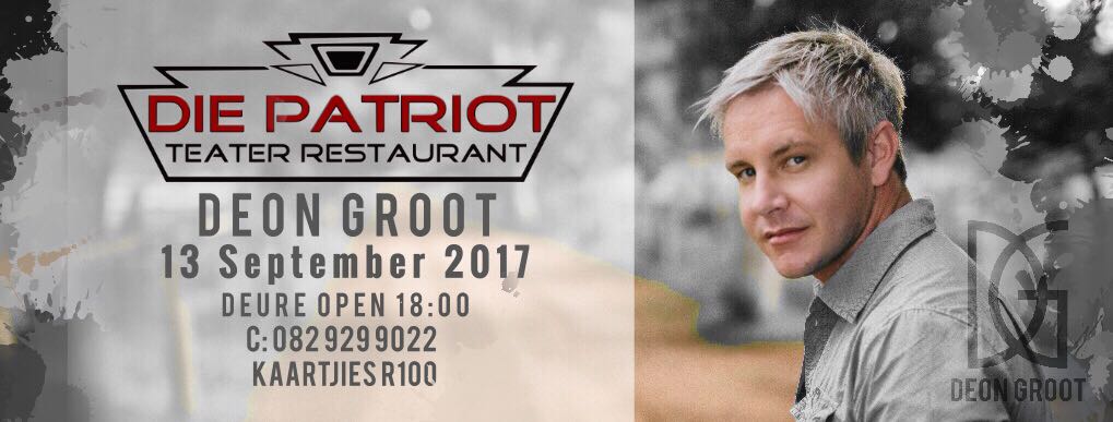 WayneBShort's tweet photo. @DeonGroot is 13 September te sien by @DiePatriotPta jy wil dit nie misloop nie.
@AfrikaansM @SelectMusiek @SACelebTweets @KroneFans https://t.co/J8YGajpotO