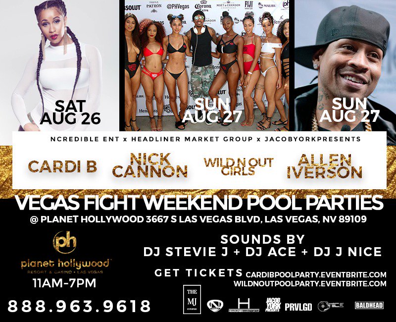 Dahaps's tweet image. VEGAS FIGHT WKND POOL PARTIES! Nick Cannon.Iverson &amp;amp;More! @lasvegas @FightWeekend2017 Planet Hollywood 11-7pm 
wildnoutpoolparty.eventbrite.com/?aff=dahaps