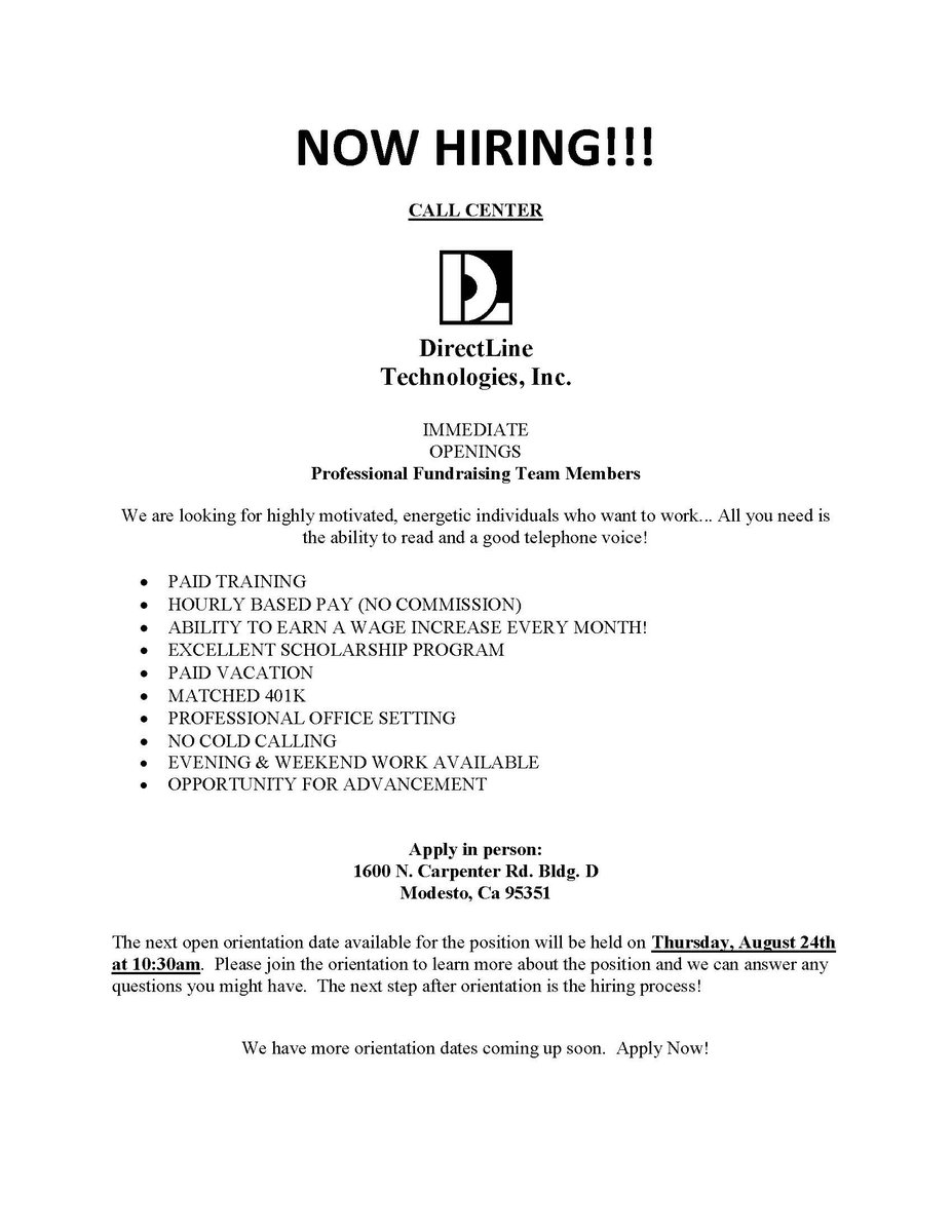 OppStanislaus's tweet photo. DirectLine Technologies is #hiring! #OpenInterviews 8/24 #ApplyInPerson #CallCenter #Modesto https://t.co/W7BRYrjieK