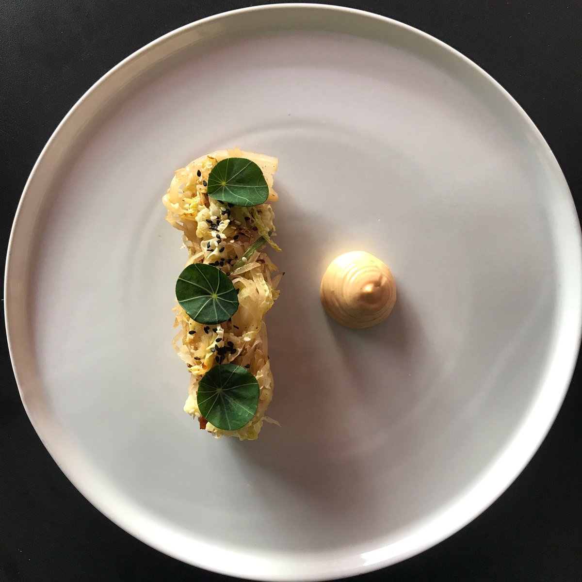 Pork belly, Sauerkraut, Gochujang mayo, Nasturtium &amp; Sesame. One of the dishes on our 'Toe in the water' menu £22 for three dishes like this
