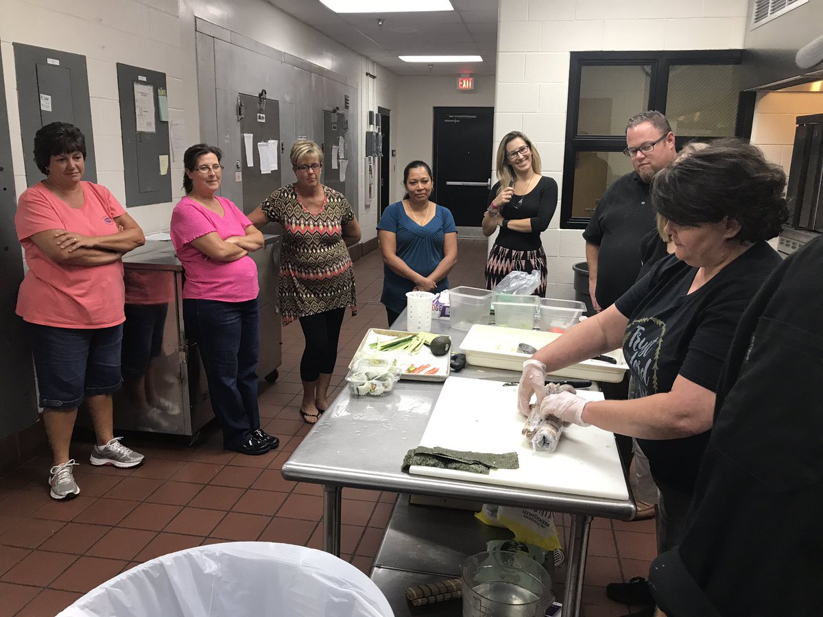 angehensley's tweet photo. @BurkeCoSchools School Nutrition High School Managers and staff learning how to roll Sushi for our students. https://t.co/kdkh41jkGD
