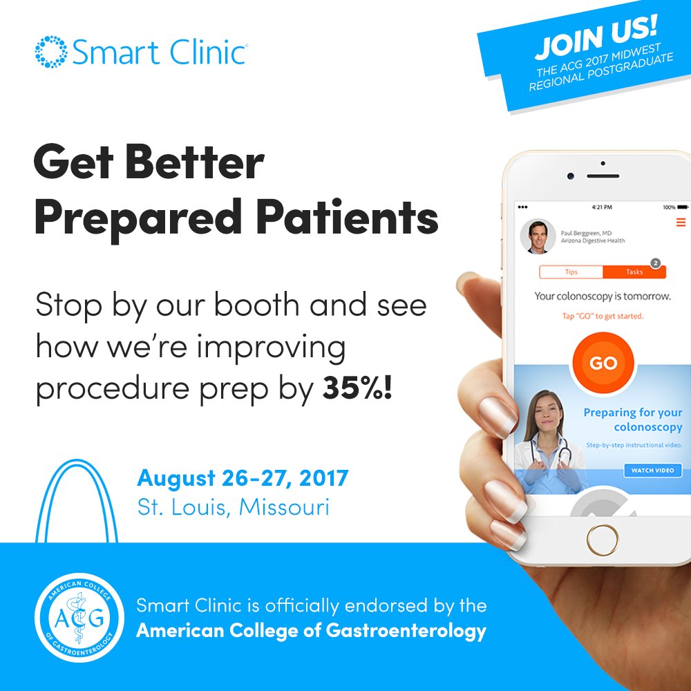 smartclinicapp's tweet photo. See us this weekend at the @AmCollegeGastro St. Louis event &amp; see how we're improving #ProcedurePrep by 35%! - https://t.co/EJgs429AN7 https://t.co/Gwru750NRe