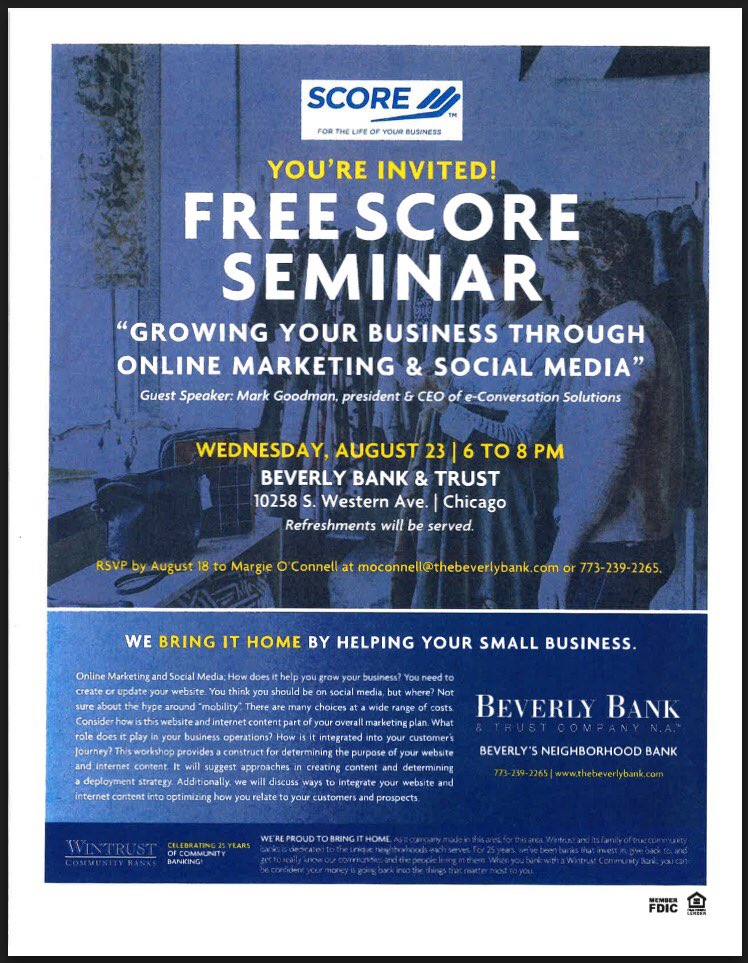 CarolCollum's tweet photo. If you are available tonight from 6pm to 8pm, stop by the Beverly Bank for a FREE Small Business Workshop facilitated by #SCOREChicago. https://t.co/HMydjI5Mkz