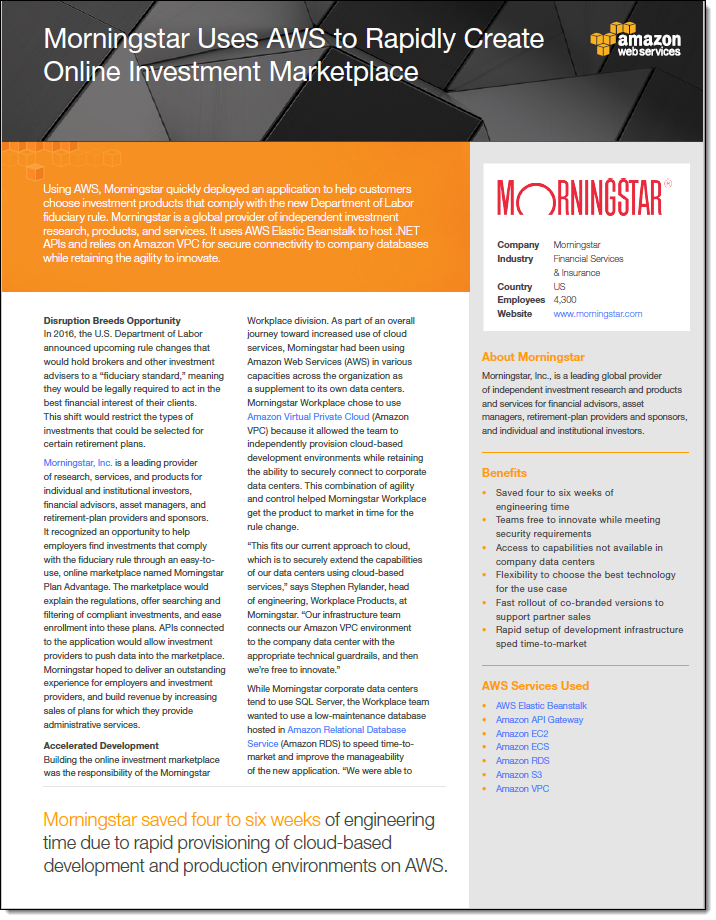 jeffbarr's tweet photo. Case Study: Morningstar Uses #AWS to Rapidly Create Online Investment Marketplace - https://t.co/Ol0QLVtfki (Elastic Beanstalk #dotnet ) https://t.co/7wlKUFkP23