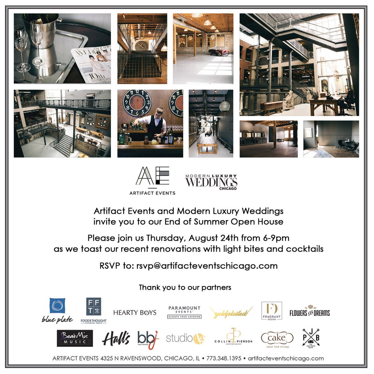 Artifact Events (@artifactevents) on Twitter photo Artifact Events + <a href="/ModernLuxury/">Modern Luxury</a> invite you to our End of Summer Open House 2morrow (THUR AUG 24, 6-9pm)
RSVP: rsvp@artifacteventschicago.com Artifact Events + <a href="/ModernLuxury/">Modern Luxury</a> invite you to our End of Summer Open House 2morrow (THUR AUG 24, 6-9pm)
RSVP: rsvp@artifacteventschicago.com
