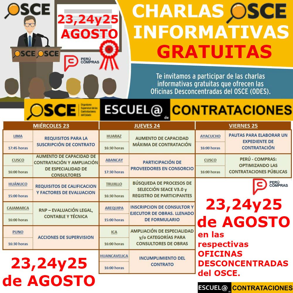 escuelaOSCE's tweet image. 23,24y25AGOSTO
#OSCEPerú #PerúCompras #CONTRATACIONES 
#LIMA #CUSCO #HUÁNUCO #CAJAMARCA #PUNO
#HUARAZ #TRUJILLO #AREQUIPA 
#ICA #AYACUCHO