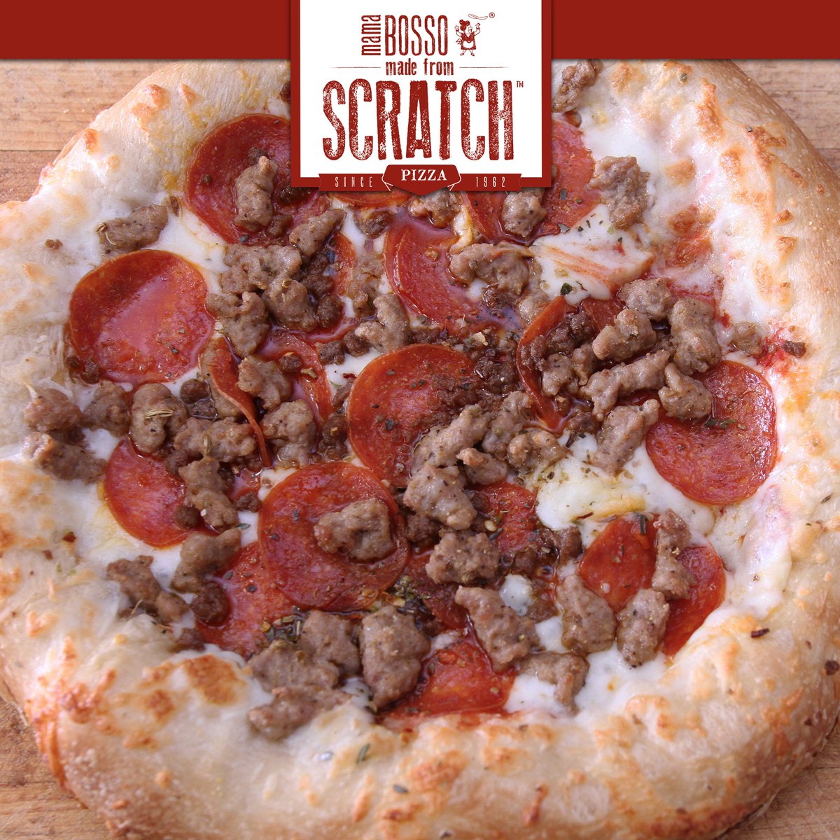 Beef, sausage, and pepperoni piled high on a bed of mozzarella cheese and a raw dough crust...hungry yet? #mamabosso #askyourlocalgrocer