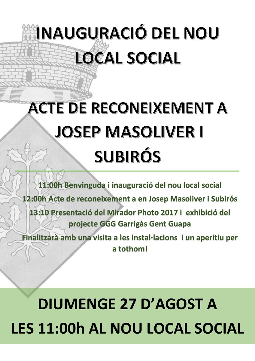 GARRIGASpuntCAT's tweet image. Ens plau convidar-vos a l'acte de reconeixament a en Josep Masoliver, el proper diumenge 27 d'agost al nou local social. Us hi esperem!