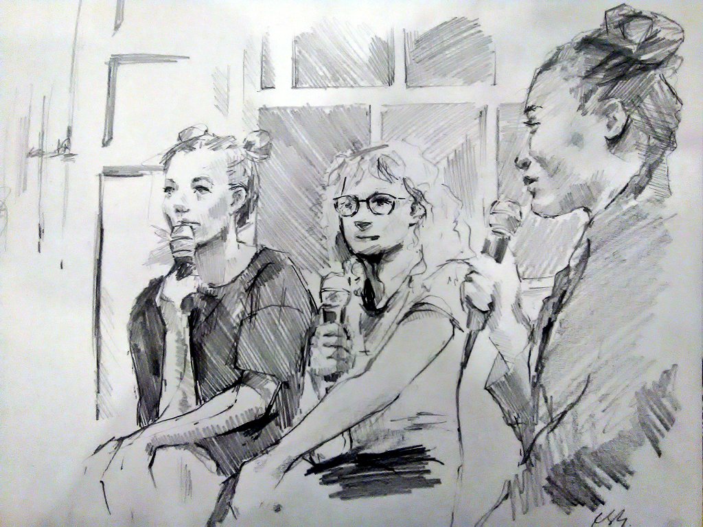 BackrowPresents's tweet image. Ruby Scott-Geddes came to Apologists' Bookclub last night &amp;amp; drew this fab pic of @izzymoulder  @ZoeTomalin &amp;amp; @sophiedukebox being v funny 😍