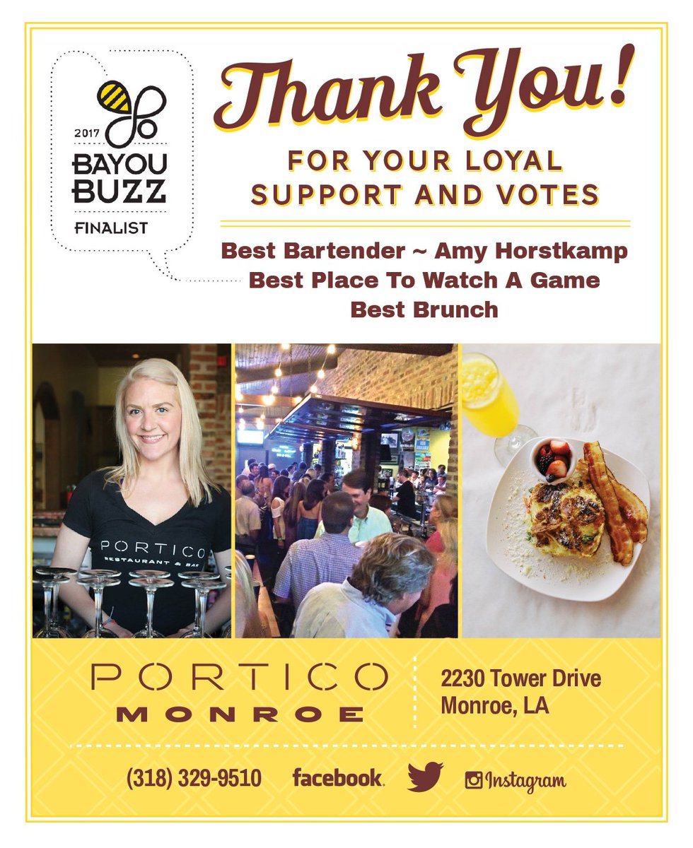 PorticoMonroe's tweet photo. Thank you, thank you, thank you for your loyal support &amp; votes! #porticomonroe #bestbartender #bestplacetowatchagame #bestbrunch #bayoubuzz https://t.co/kBnbKkbAax