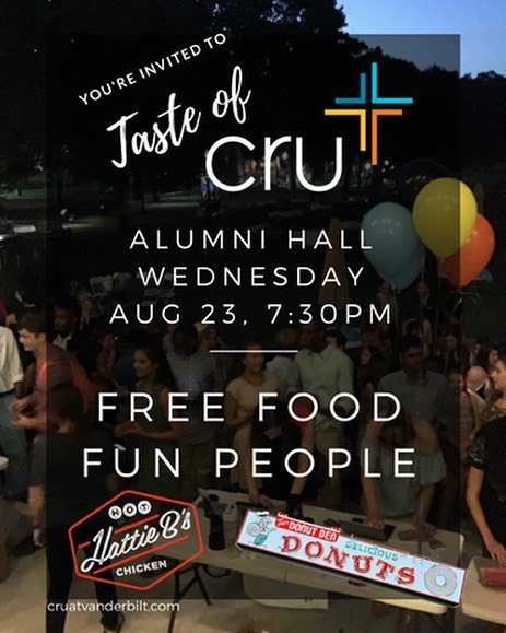CruatVanderbilt's tweet photo. Come out to Taste of Cru tonight from 7:30-9 to learn a little bit more about who we are and what we do on campus!… https://t.co/QO6nw4pZ3l https://t.co/DMv7MmF8TR