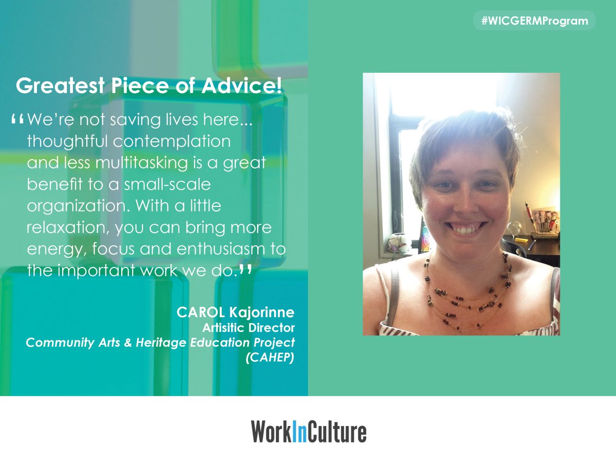 workinculture's tweet photo. #WICGERMProgram #mentor Carol Kajorinne received this great advice from Stacey Hare Hodgins, @CAHEPTBay ED &amp; co-mentor #ONarts #thunderbay https://t.co/3994Ma4h7Z